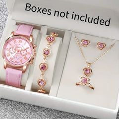 6pcs Pink Elegance Watch and Jewelry Set