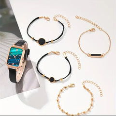 5pcs Stellar Black Elegance Watch & Bracelet Set
