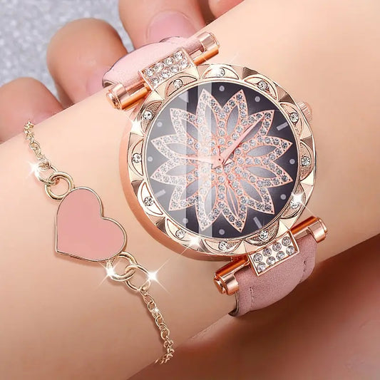 2pcs Radiant Bloom Rose Gold Watch & Bracelet Set