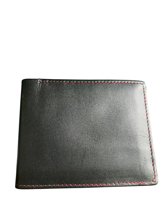 Sleek black leather wallet with red stitching