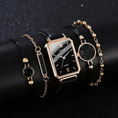 5pcs Stellar Black Elegance Watch & Bracelet Set