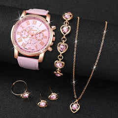 6pcs Pink Elegance Watch and Jewelry Set