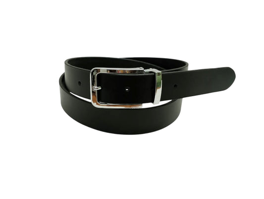 Sleek Black Leather Belt - Polished Steel Buckle, Premium Quality