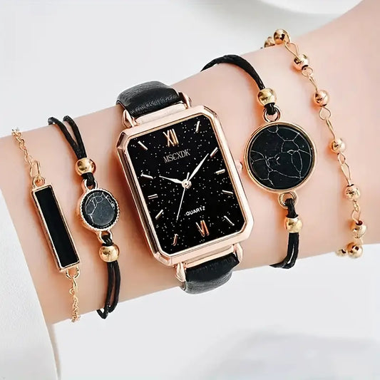 5pcs Stellar Black Elegance Watch & Bracelet Set