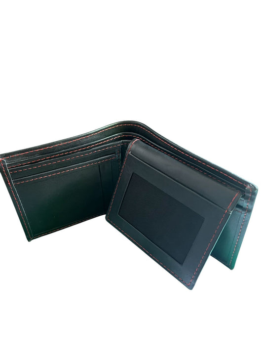 Sleek black leather wallet with red stitching